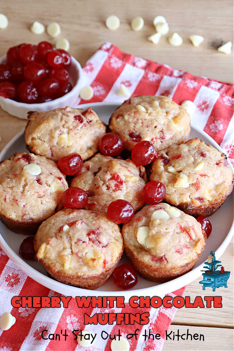 Cherry White Chocolate Muffins | Can't Stay Out of the Kitchen | These irresistible #muffins are filled with #applesauce, #bananas, #CandiedCherries & #WhiteChocolateChips and will absolutely float your boat! Terrific choice for any #holiday, company or weekend #breakfast or #brunch. #cherries #chocolate #CherryWhiteChococolateMuffins