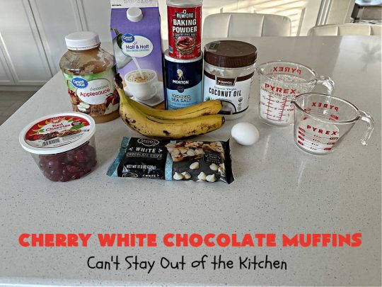 Cherry White Chocolate Muffins | Can't Stay Out of the Kitchen | These irresistible #muffins are filled with #applesauce, #bananas, #CandiedCherries & #WhiteChocolateChips and will absolutely float your boat!
Terrific choice for any #holiday, company or weekend #breakfast or #brunch. #cherries #chocolate #CherryWhiteChococolateMuffins