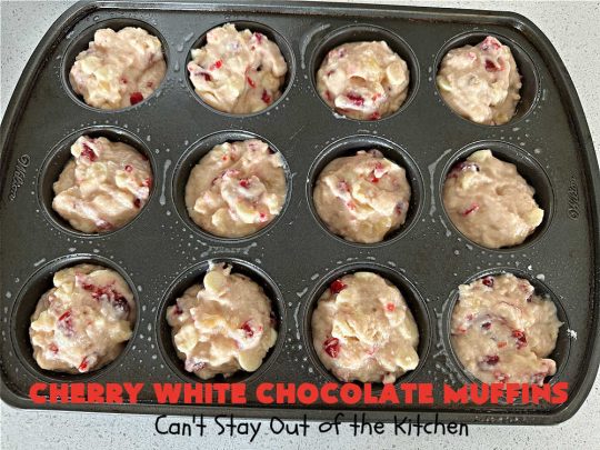 Cherry White Chocolate Muffins | Can't Stay Out of the Kitchen | These irresistible #muffins are filled with #applesauce, #bananas, #CandiedCherries & #WhiteChocolateChips and will absolutely float your boat! Terrific choice for any #holiday, company or weekend #breakfast or #brunch. #cherries #chocolate #CherryWhiteChococolateMuffins