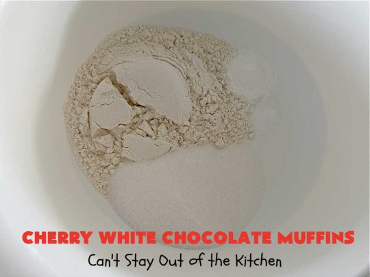 Cherry White Chocolate Muffins | Can't Stay Out of the Kitchen | These irresistible #muffins are filled with #applesauce, #bananas, #CandiedCherries & #WhiteChocolateChips and will absolutely float your boat! Terrific choice for any #holiday, company or weekend #breakfast or #brunch. #cherries #chocolate #CherryWhiteChococolateMuffins