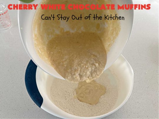 Cherry White Chocolate Muffins | Can't Stay Out of the Kitchen | These irresistible #muffins are filled with #applesauce, #bananas, #CandiedCherries & #WhiteChocolateChips and will absolutely float your boat! Terrific choice for any #holiday, company or weekend #breakfast or #brunch. #cherries #chocolate #CherryWhiteChococolateMuffins