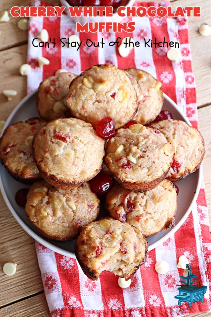 Cherry White Chocolate Muffins | Can't Stay Out of the Kitchen | These irresistible #muffins are filled with #applesauce, #bananas, #CandiedCherries & #WhiteChocolateChips and will absolutely float your boat! Terrific choice for any #holiday, company or weekend #breakfast or #brunch. #cherries #chocolate #CherryWhiteChococolateMuffins