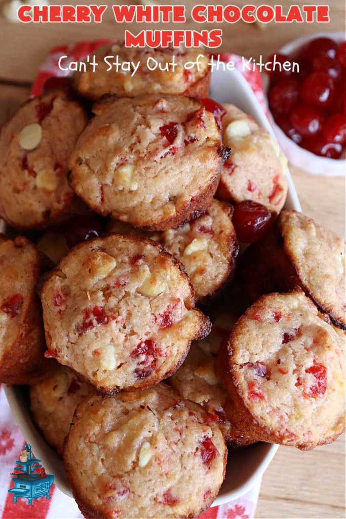 Cherry White Chocolate Muffins | Can't Stay Out of the Kitchen | These irresistible #muffins are filled with #applesauce, #bananas, #CandiedCherries & #WhiteChocolateChips and will absolutely float your boat! Terrific choice for any #holiday, company or weekend #breakfast or #brunch. #cherries #chocolate #CherryWhiteChococolateMuffins