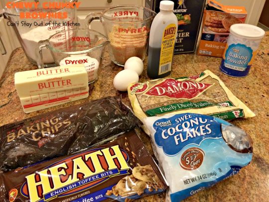 Chewy Chunky Brownies | Can't Stay Out of the Kitchen | these spectacular #brownies include #ChocolateChips #HeathEnglishToffeeBits, #coconut & #walnuts. They are ooey, gooey & so heavenly. Perfect for #tailgating, potlucks, backyard BBQs & summer #holiday fun like #FourthOfJuly & #LaborDay. #dessert #ChocolateDessert #cookie #chocolate #ToffeeDessert #ChewyChunkyBrownies #HolidayDessert