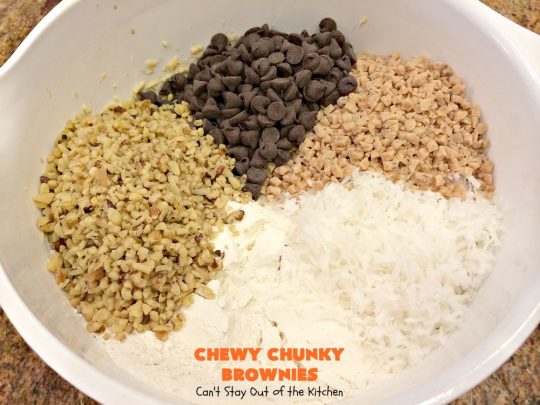 Chewy Chunky Brownies | Can't Stay Out of the Kitchen | these spectacular #brownies include #ChocolateChips #HeathEnglishToffeeBits, #coconut & #walnuts. They are ooey, gooey & so heavenly. Perfect for #tailgating, potlucks, backyard BBQs & summer #holiday fun like #FourthOfJuly & #LaborDay. #dessert #ChocolateDessert #cookie #chocolate #ToffeeDessert #ChewyChunkyBrownies #HolidayDessert