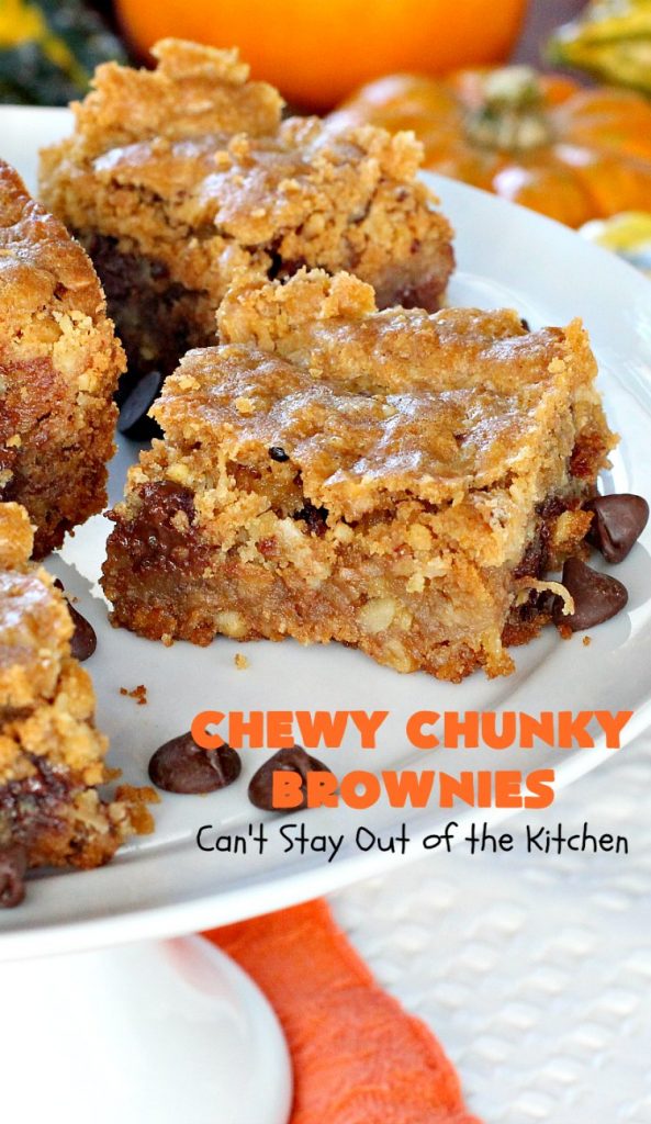 Chewy Chunky Brownies | Can't Stay Out of the Kitchen | these spectacular #brownies include #ChocolateChips #HeathEnglishToffeeBits, #coconut & #walnuts. They are ooey, gooey & so heavenly. Perfect for #tailgating, potlucks, backyard BBQs & summer #holiday fun like #FourthOfJuly & #LaborDay. #dessert #ChocolateDessert #cookie #chocolate #ToffeeDessert #ChewyChunkyBrownies #HolidayDessert