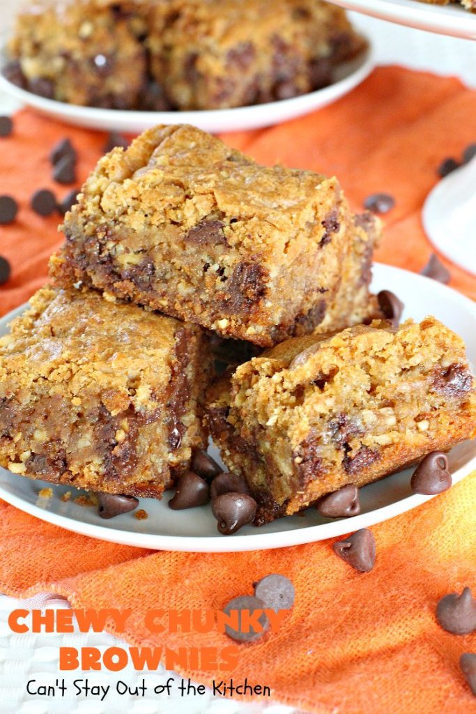 Chewy Chunky Brownies | Can't Stay Out of the Kitchen | these spectacular #brownies include #ChocolateChips #HeathEnglishToffeeBits, #coconut & #walnuts. They are ooey, gooey & so heavenly. Perfect for #tailgating, potlucks, backyard BBQs & summer #holiday fun like #FourthOfJuly & #LaborDay. #dessert #ChocolateDessert #cookie #chocolate #ToffeeDessert #ChewyChunkyBrownies #HolidayDessert