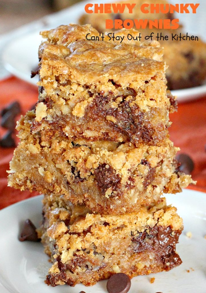 Chewy Chunky Brownies | Can't Stay Out of the Kitchen | these spectacular #brownies include #ChocolateChips #HeathEnglishToffeeBits, #coconut & #walnuts. They are ooey, gooey & so heavenly. Perfect for #tailgating, potlucks, backyard BBQs & summer #holiday fun like #FourthOfJuly & #LaborDay. #dessert #ChocolateDessert #cookie #chocolate #ToffeeDessert #ChewyChunkyBrownies #HolidayDessert