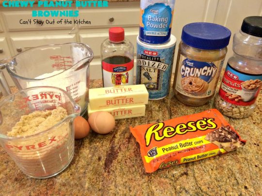 Chewy Peanut Butter Brownies | Can't Stay Out of the Kitchen | these are the best #Brownies ever! They have triple the #PeanutButter flavor with #Peanuts, #CrunchyPeanutButter & #ReesesPeanutButterChips. Every mouthful will knock your socks off! Great for potlucks, #tailgating parties, #FourthOfJuly or #LaborDay parties. #Reeses #dessert #PeanutButterDessert #PeanutButterBrownies #ChewyPeanutButterBrownies