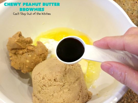 Chewy Peanut Butter Brownies | Can't Stay Out of the Kitchen | these are the best #Brownies ever! They have triple the #PeanutButter flavor with #Peanuts, #CrunchyPeanutButter & #ReesesPeanutButterChips. Every mouthful will knock your socks off! Great for potlucks, #tailgating parties, #FourthOfJuly or #LaborDay parties. #Reeses #dessert #PeanutButterDessert #PeanutButterBrownies #ChewyPeanutButterBrownies