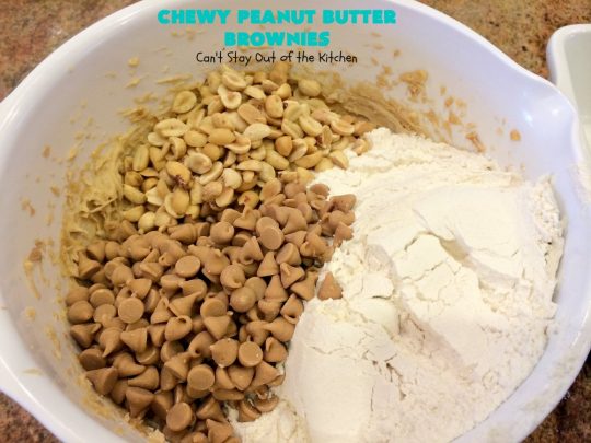 Chewy Peanut Butter Brownies | Can't Stay Out of the Kitchen | these are the best #Brownies ever! They have triple the #PeanutButter flavor with #Peanuts, #CrunchyPeanutButter & #ReesesPeanutButterChips. Every mouthful will knock your socks off! Great for potlucks, #tailgating parties, #FourthOfJuly or #LaborDay parties. #Reeses #dessert #PeanutButterDessert #PeanutButterBrownies #ChewyPeanutButterBrownies