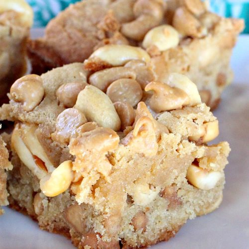 Chewy Peanut Butter Brownies | Can't Stay Out of the Kitchen | these are the best #Brownies ever! They have triple the #PeanutButter flavor with #Peanuts, #CrunchyPeanutButter & #ReesesPeanutButterChips. Every mouthful will knock your socks off! Great for potlucks, #tailgating parties, #FourthOfJuly or #LaborDay parties. #Reeses #dessert #PeanutButterDessert #PeanutButterBrownies #ChewyPeanutButterBrownies