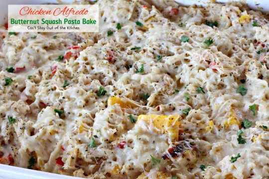 Chicken Alfredo Butternut Squash Pasta Bake | Can't Stay Out of the Kitchen | wonderful #alfredo dish even your kids will enjoy. Made with #chicken #butternutsquash and #glutenfree #pasta.