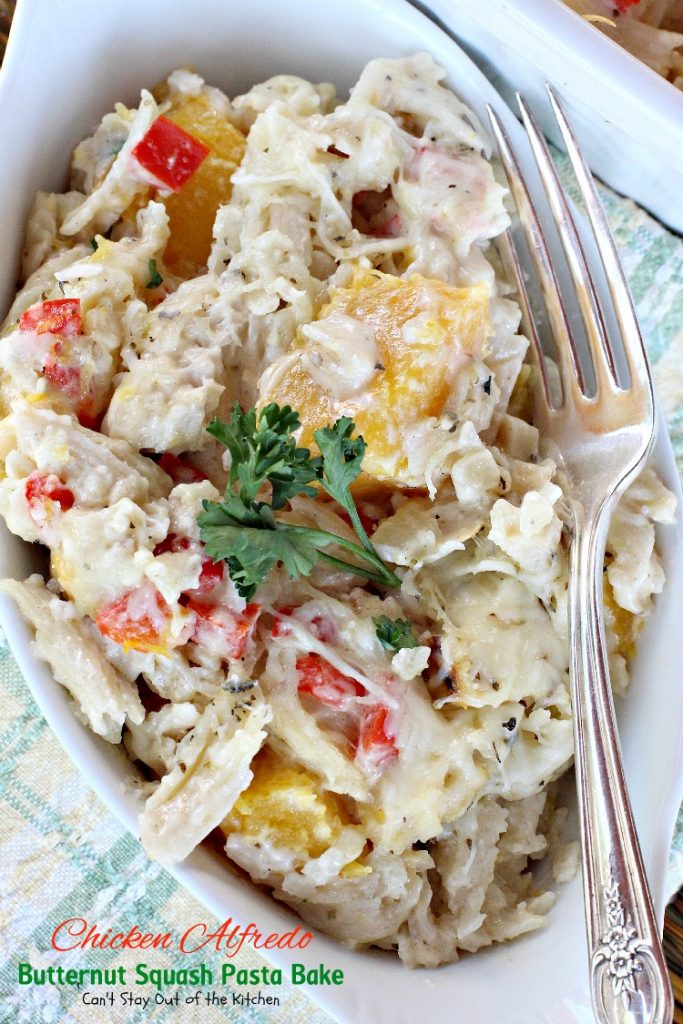 Chicken Alfredo Butternut Squash Pasta Bake | Can't Stay Out of the Kitchen | wonderful #alfredo dish even your kids will enjoy. Made with #chicken #butternutsquash and #glutenfree #pasta.