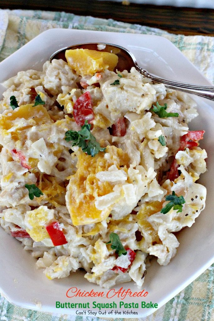 Chicken Alfredo Butternut Squash Pasta Bake | Can't Stay Out of the Kitchen | wonderful #alfredo dish even your kids will enjoy. Made with #chicken #butternutsquash and #glutenfree #pasta.