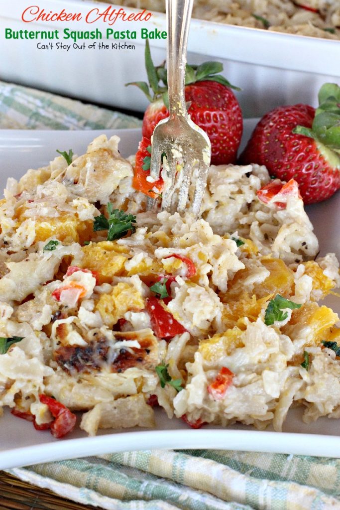 Chicken Alfredo Butternut Squash Pasta Bake | Can't Stay Out of the Kitchen | wonderful #alfredo dish even your kids will enjoy. Made with #chicken #butternutsquash and #glutenfree #pasta.