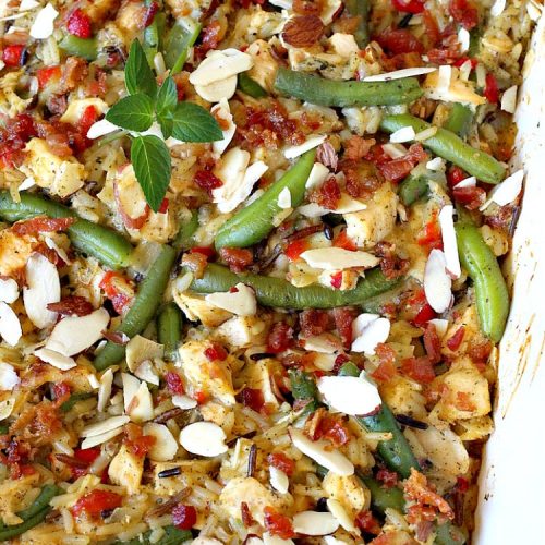 Chicken Amandine | Can't Stay Out of the Kitchen | fantastic dinner #casserole with #chicken, #rice #GreenBeans, #almonds & #bacon. A satisfying comfort food #recipe! #GlutenFree #ChickenAmandine