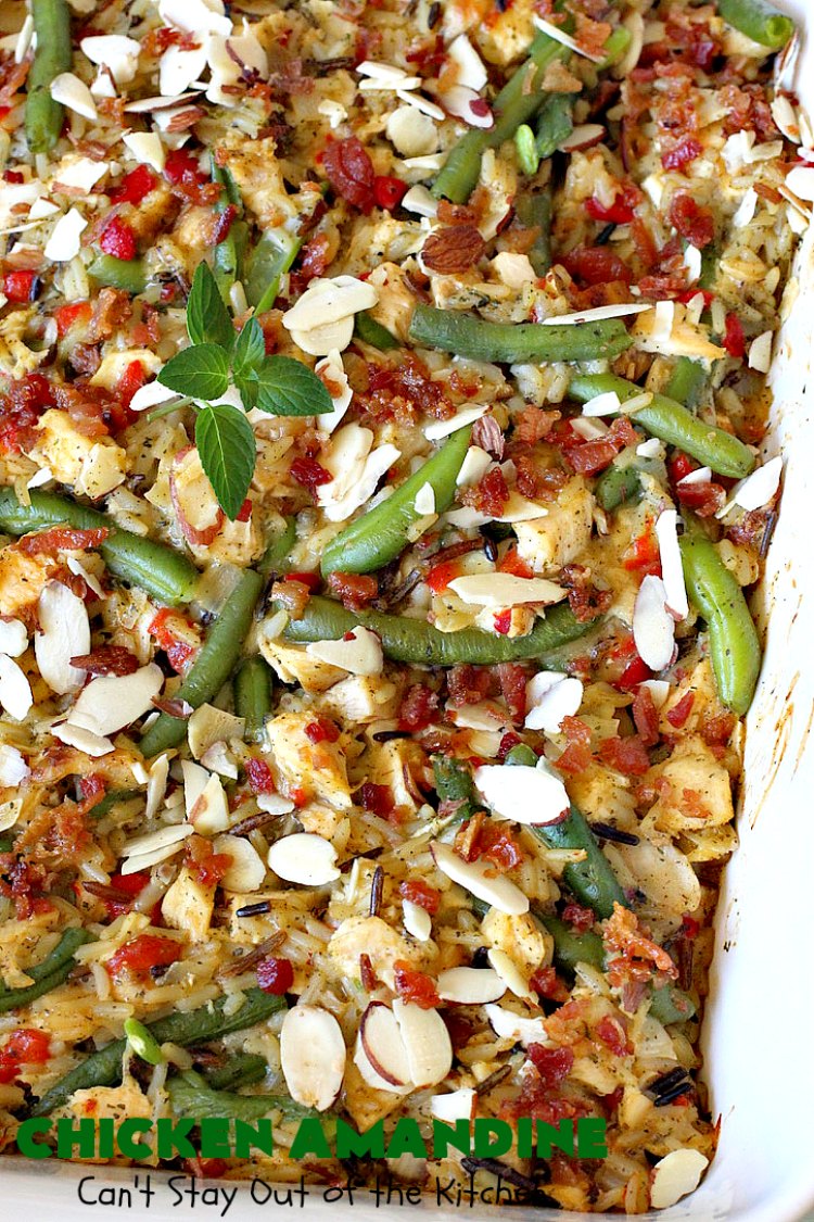 Chicken Amandine | Can't Stay Out of the Kitchen | fantastic dinner #casserole with #chicken, #rice #GreenBeans, #almonds & #bacon. A satisfying comfort food #recipe! #GlutenFree #ChickenAmandine