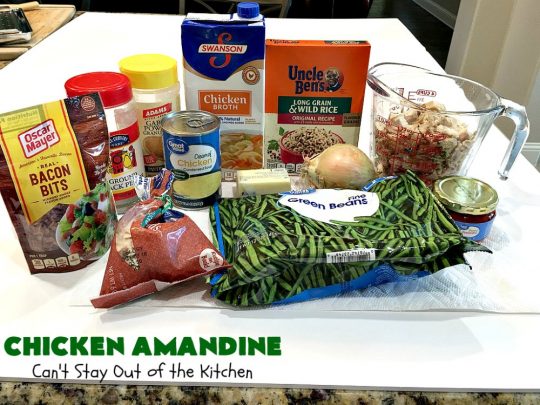 Chicken Amandine | Can't Stay Out of the Kitchen | fantastic dinner #casserole with #chicken, #rice #GreenBeans, #almonds & #bacon. A satisfying comfort food #recipe! #GlutenFree #ChickenAmandine