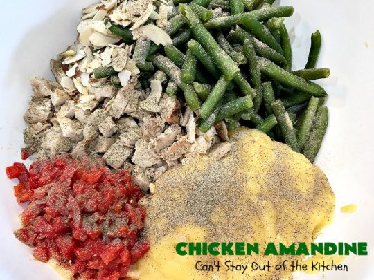 Chicken Amandine | Can't Stay Out of the Kitchen | fantastic dinner #casserole with #chicken, #rice #GreenBeans, #almonds & #bacon. A satisfying comfort food #recipe! #GlutenFree #ChickenAmandine