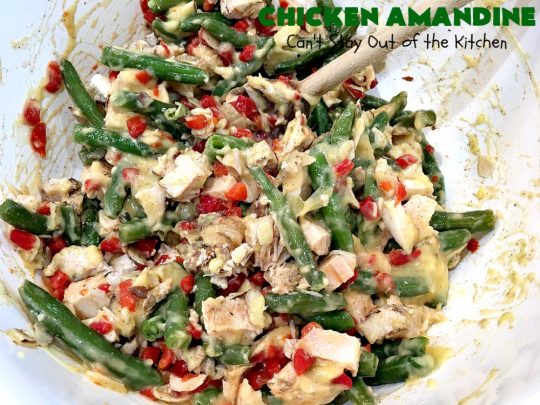Chicken Amandine | Can't Stay Out of the Kitchen | fantastic dinner #casserole with #chicken, #rice #GreenBeans, #almonds & #bacon. A satisfying comfort food #recipe! #GlutenFree #ChickenAmandine