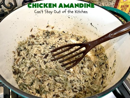 Chicken Amandine | Can't Stay Out of the Kitchen | fantastic dinner #casserole with #chicken, #rice #GreenBeans, #almonds & #bacon. A satisfying comfort food #recipe! #GlutenFree #ChickenAmandine