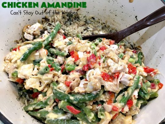 Chicken Amandine | Can't Stay Out of the Kitchen | fantastic dinner #casserole with #chicken, #rice #GreenBeans, #almonds & #bacon. A satisfying comfort food #recipe! #GlutenFree #ChickenAmandine