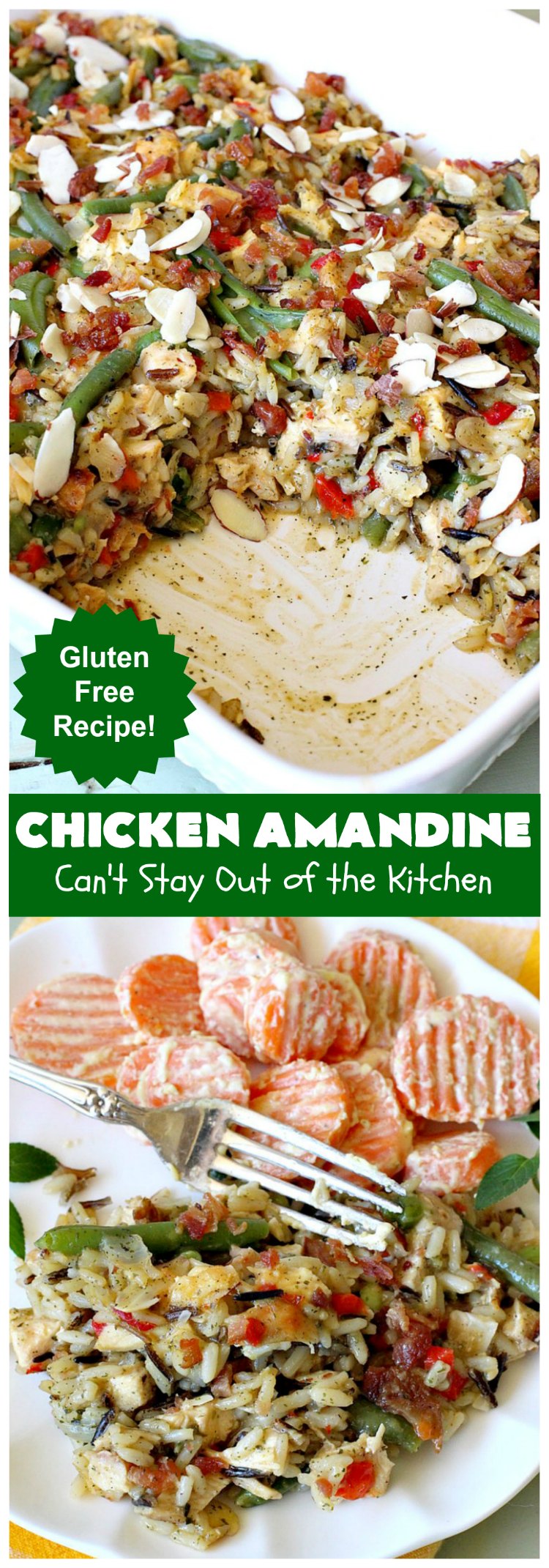 Chicken Amandine | Can't Stay Out of the Kitchen | fantastic dinner #casserole with #chicken, #rice #GreenBeans, #almonds & #bacon. A satisfying comfort food #recipe! #GlutenFree #ChickenAmandine