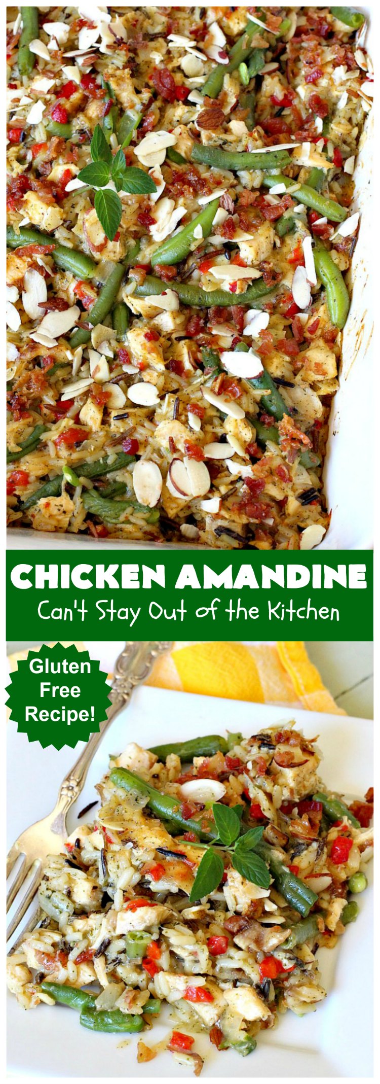 Chicken Amandine | Can't Stay Out of the Kitchen | fantastic dinner #casserole with #chicken, #rice #GreenBeans, #almonds & #bacon. A satisfying comfort food #recipe! #GlutenFree #ChickenAmandine