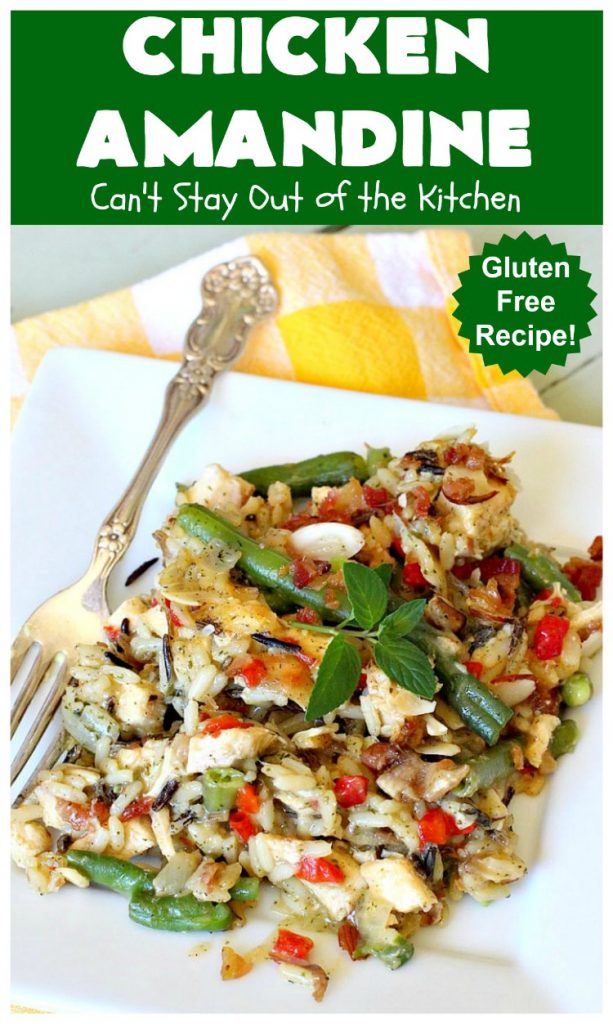 Chicken Amandine | Can't Stay Out of the Kitchen | fantastic dinner #casserole with #chicken, #rice #GreenBeans, #almonds & #bacon. A satisfying comfort food #recipe! #GlutenFree #ChickenAmandine