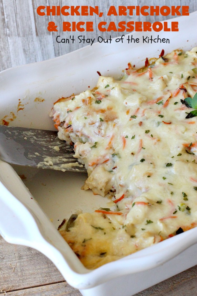 Chicken, Artichoke and Rice Casserole | Can't Stay Out of the Kitchen | this lovely #ChickenCasserole is perfect for company & tastes utterly amazing. #chicken #rice #carrots #artichokes #casserole #ChickenArtichokeAndRiceCasserole