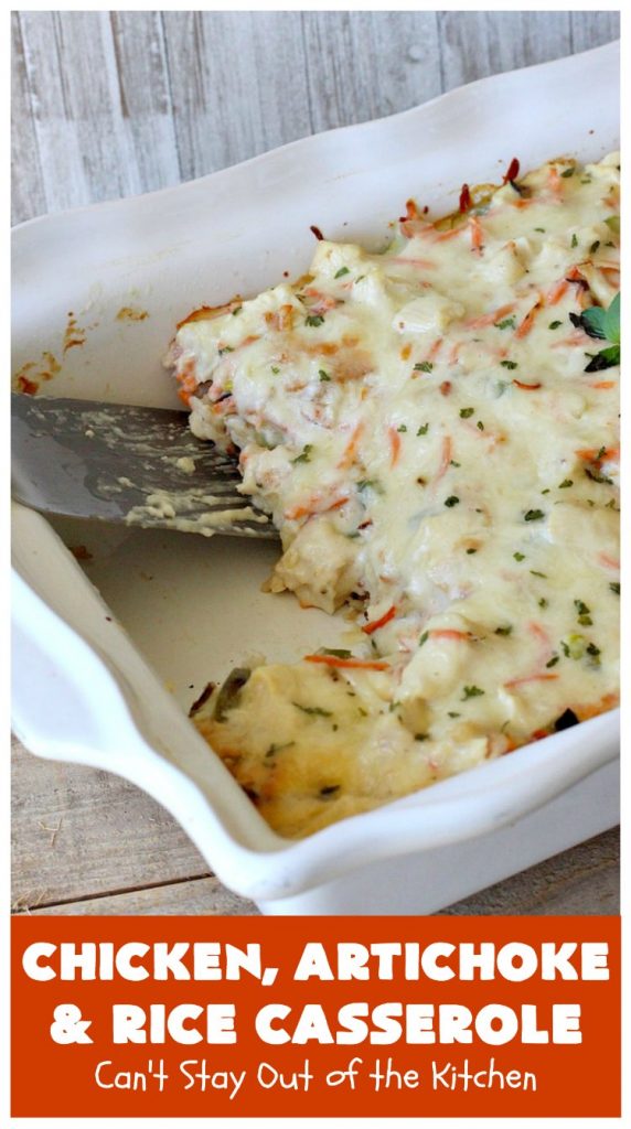 Chicken, Artichoke and Rice Casserole | Can't Stay Out of the Kitchen | this lovely #ChickenCasserole is perfect for company & tastes utterly amazing. #chicken #rice #carrots #artichokes #casserole #ChickenArtichokeAndRiceCasserole