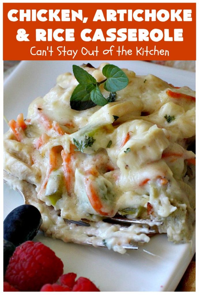 Chicken, Artichoke and Rice Casserole | Can't Stay Out of the Kitchen | this lovely #ChickenCasserole is perfect for company & tastes utterly amazing. #chicken #rice #carrots #artichokes #casserole #ChickenArtichokeAndRiceCasserole