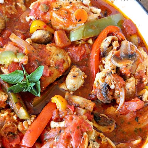 Chicken Cacciatore | Can't Stay Out of the Kitchen | This is the best #recipe for #chickencacciatore ever! It's made with a mouthwatering homemade #tomato & veggie sauce. It's terrific for company, special occasions or #holiday dinners like #FathersDay. Our company gave this #chicken rave reviews.