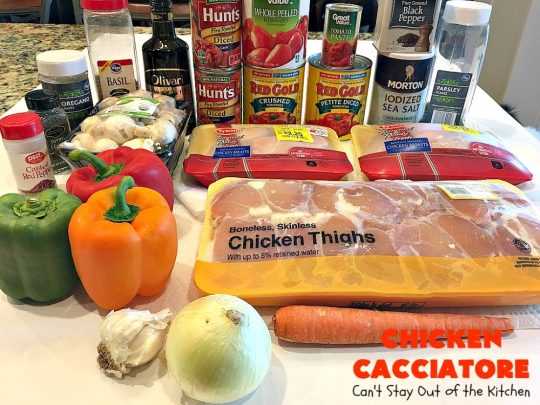Chicken Cacciatore | Can't Stay Out of the Kitchen | This is the best #recipe for #chickencacciatore ever! It's made with a mouthwatering homemade #tomato & veggie sauce. It's terrific for company, special occasions or #holiday dinners like #FathersDay. Our company gave this #chicken rave reviews.