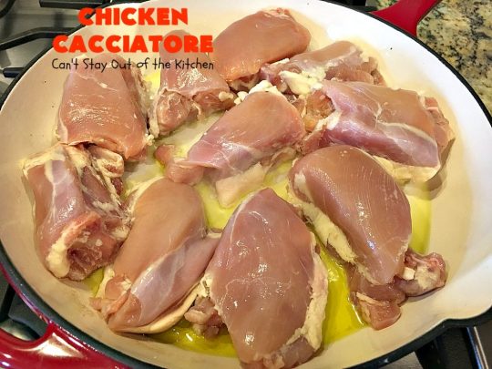 Chicken Cacciatore | Can't Stay Out of the Kitchen | This is the best #recipe for #chickencacciatore ever! It's made with a mouthwatering homemade #tomato & veggie sauce. It's terrific for company, special occasions or #holiday dinners like #FathersDay. Our company gave this #chicken rave reviews.