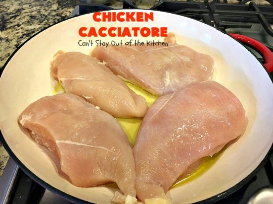 Chicken Cacciatore | Can't Stay Out of the Kitchen | This is the best #recipe for #chickencacciatore ever! It's made with a mouthwatering homemade #tomato & veggie sauce. It's terrific for company, special occasions or #holiday dinners like #FathersDay. Our company gave this #chicken rave reviews.