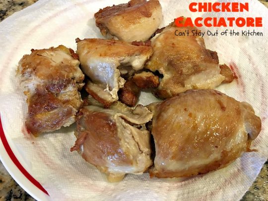 Chicken Cacciatore | Can't Stay Out of the Kitchen | This is the best #recipe for #chickencacciatore ever! It's made with a mouthwatering homemade #tomato & veggie sauce. It's terrific for company, special occasions or #holiday dinners like #FathersDay. Our company gave this #chicken rave reviews.