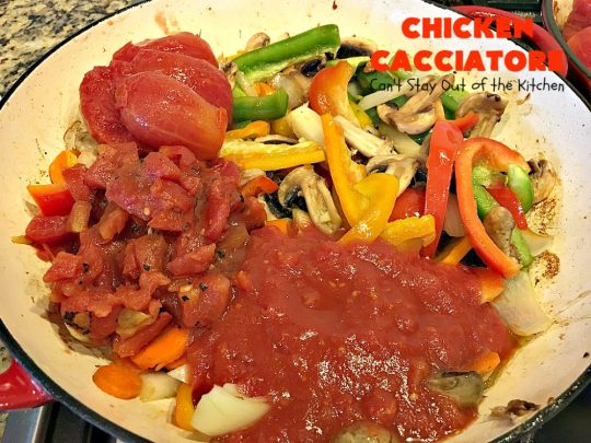 Chicken Cacciatore | Can't Stay Out of the Kitchen | This is the best #recipe for #chickencacciatore ever! It's made with a mouthwatering homemade #tomato & veggie sauce. It's terrific for company, special occasions or #holiday dinners like #FathersDay. Our company gave this #chicken rave reviews.