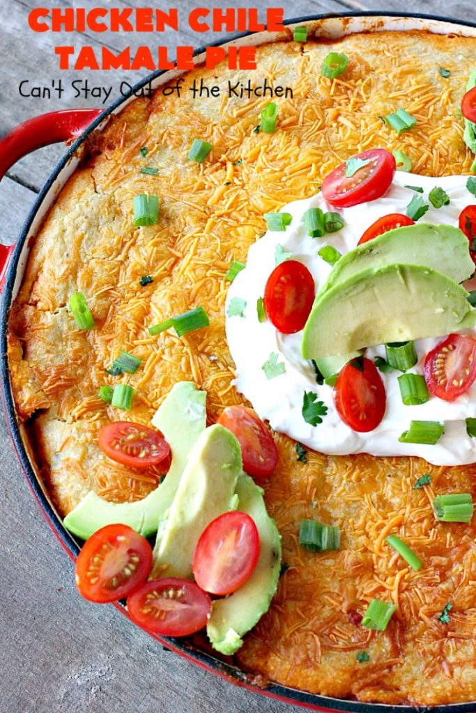 Chicken Chile Tamale Pie | Can't Stay Out of the Kitchen | this amazing #tamale pie tastes absolutely fantastic. It's perfect for #tailgating parties & potlucks. #chicken #avocados #corn #olives #cheese #glutenfree