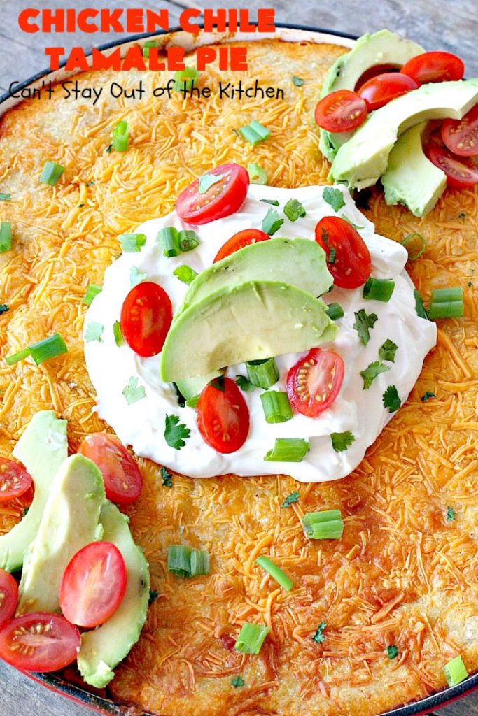 Chicken Chile Tamale Pie | Can't Stay Out of the Kitchen | this amazing #tamale pie tastes absolutely fantastic. It's perfect for #tailgating parties & potlucks. #chicken #avocados #corn #olives #cheese #glutenfree