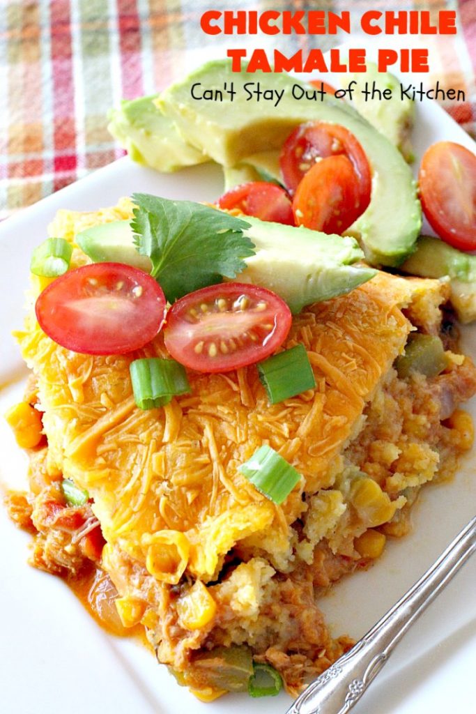 Chicken Chile Tamale Pie | Can't Stay Out of the Kitchen | this amazing #tamale pie tastes absolutely fantastic. It's perfect for #tailgating parties & potlucks. #chicken #avocados #corn #olives #cheese #glutenfree