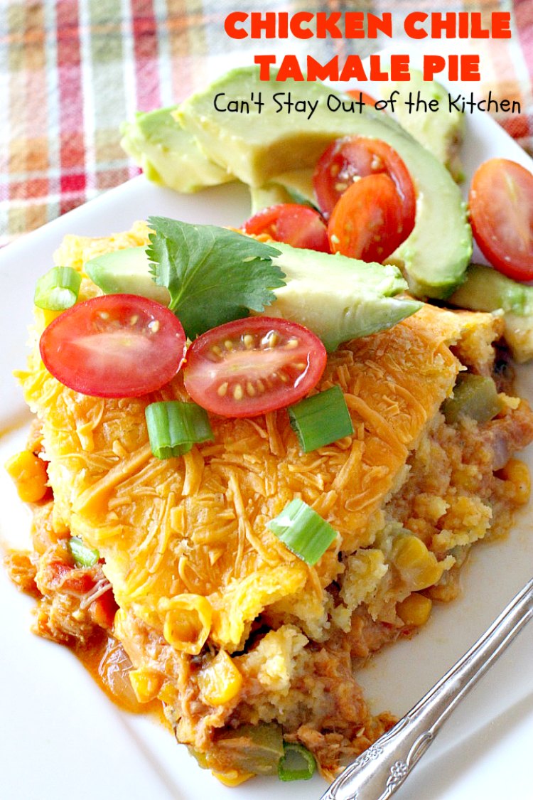 Chicken Chile Tamale Pie | Can't Stay Out of the Kitchen | this amazing #tamale pie tastes absolutely fantastic. It's perfect for #tailgating parties & potlucks. #chicken #avocados #corn #olives #cheese #glutenfree