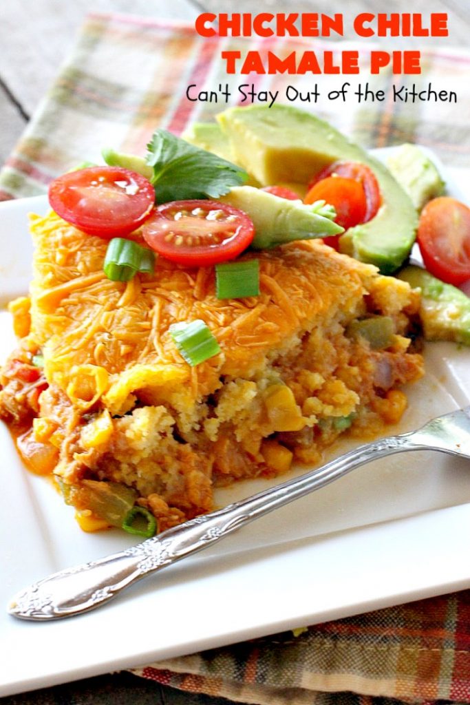 Chicken Chile Tamale Pie | Can't Stay Out of the Kitchen | this amazing #tamale pie tastes absolutely fantastic. It's perfect for #tailgating parties & potlucks. #chicken #avocados #corn #olives #cheese #glutenfree