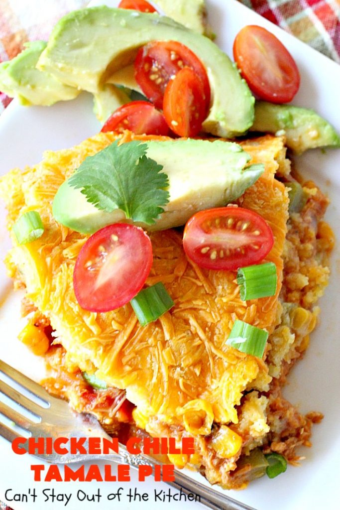 Chicken Chile Tamale Pie | Can't Stay Out of the Kitchen | this amazing #tamale pie tastes absolutely fantastic. It's perfect for #tailgating parties & potlucks. #chicken #avocados #corn #olives #cheese #glutenfree