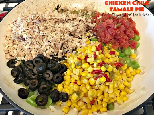 Chicken Chile Tamale Pie | Can't Stay Out of the Kitchen | this amazing #tamale pie tastes absolutely fantastic. It's perfect for #tailgating parties & potlucks. #chicken #avocados #corn #olives #cheese #glutenfree