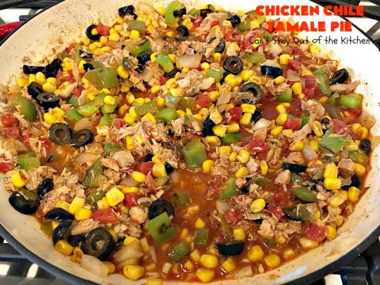 Chicken Chile Tamale Pie | Can't Stay Out of the Kitchen | this amazing #tamale pie tastes absolutely fantastic. It's perfect for #tailgating parties & potlucks. #chicken #avocados #corn #olives #cheese #glutenfree