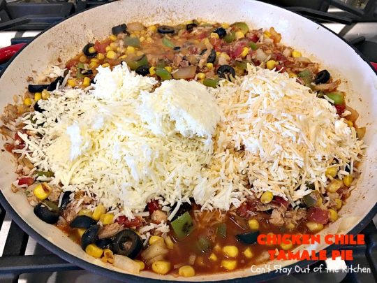 Chicken Chile Tamale Pie | Can't Stay Out of the Kitchen | this amazing #tamale pie tastes absolutely fantastic. It's perfect for #tailgating parties & potlucks. #chicken #avocados #corn #olives #cheese #glutenfree