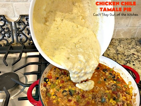 Chicken Chile Tamale Pie | Can't Stay Out of the Kitchen | this amazing #tamale pie tastes absolutely fantastic. It's perfect for #tailgating parties & potlucks. #chicken #avocados #corn #olives #cheese #glutenfree