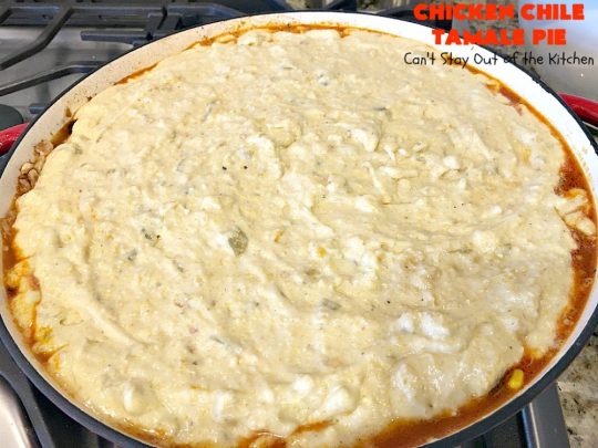 Chicken Chile Tamale Pie | Can't Stay Out of the Kitchen | this amazing #tamale pie tastes absolutely fantastic. It's perfect for #tailgating parties & potlucks. #chicken #avocados #corn #olives #cheese #glutenfree